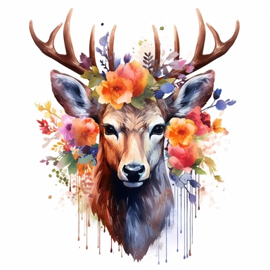 full deer head to tail with flowers clipart, creative art, shiny, rich color, super resolution, Pshycedelic PNG, Graffiti, Clipart, watercolor, realistic, 8k