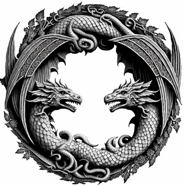 medieval double ouroboros, winged dragon, black and white, illustration, clipart style