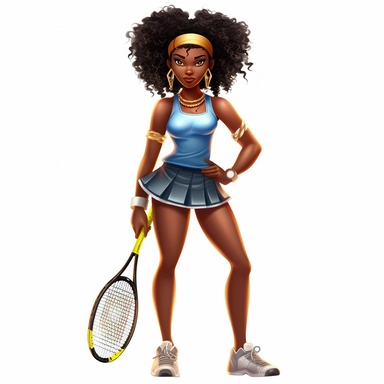 full body clipart dark skinned black woman tank top and blue jean shorts big curly shiny afro with head band gold earrings handson her hips tennis outfit with tennis racket
