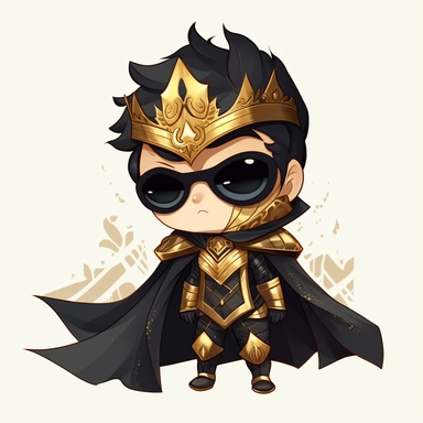 zeeb labs art style boy, super hero, tiny chibi body with gold suit, crown, Mask, smerk, super long cape, clipart, sticker, no background, hd