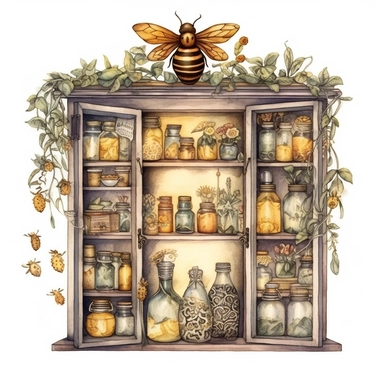 whimsical watercolour clip art curiosity cabinet with glass doors. Bee and honey themed