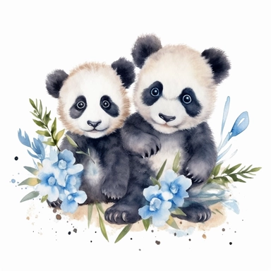 watercolor clipart image of 2 happy looking baby pandas, disney style, white background, no shading, clear outlines