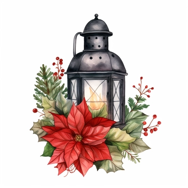 Hand-paintedWatercolor Christmas card with lantern, poinsettia, and fir branches. Hand painted holiday composition with flowers Full body realistic cartoon in 32K UHD cute. 15 cm thick outline. Black color. There was no shadow on the ground. 8k with realistic watercolors and detailed illustrations. PNG clipart, transparent white background