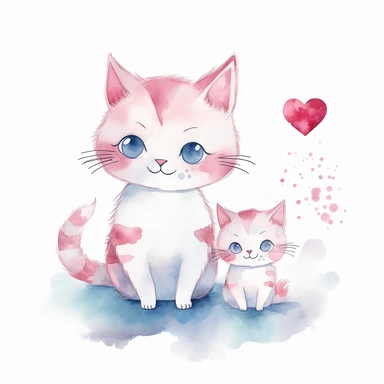 fathers day, cute cat and his baby ,hearts, loving,cute, attractive,beautiful, minimal, watercolor clipart