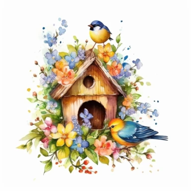 vector clipart, isolated on white background, beautiful lovely Watercolor Spring wooden bird house hanging on the tree with small fruits, ornated, vivid and saturated colors