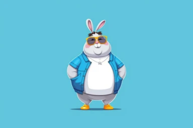 Mature not very fat bunny character, flat illustration clipart on t-shirt, shorts, full body, Disney, Pixar