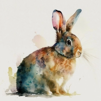 Illustrate a watercolor portrait of a rabbit, brimming with the creature's innate innocence and curiosity. The image should encapsulate the rabbit's tender and playful demeanor, serving as a charming piece of clipart. The medium should be watercolor, taking inspiration from the expressive works of Dean Crouser. The style should be dynamic and spirited, with the colors effectively conveying the narrative. The lighting should be soft and even, putting the spotlight on the colors and the fluid brus