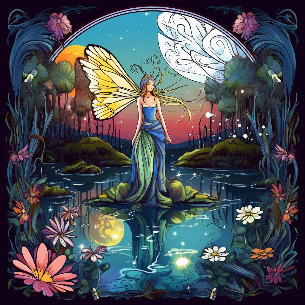 A captivating fairy hovering above a mystical pond, glittering dress ...