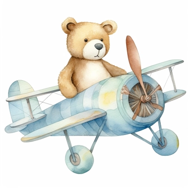 adorable light blue teddy bear flying an aeroplane, hand painted, watercolor, clipart, white background