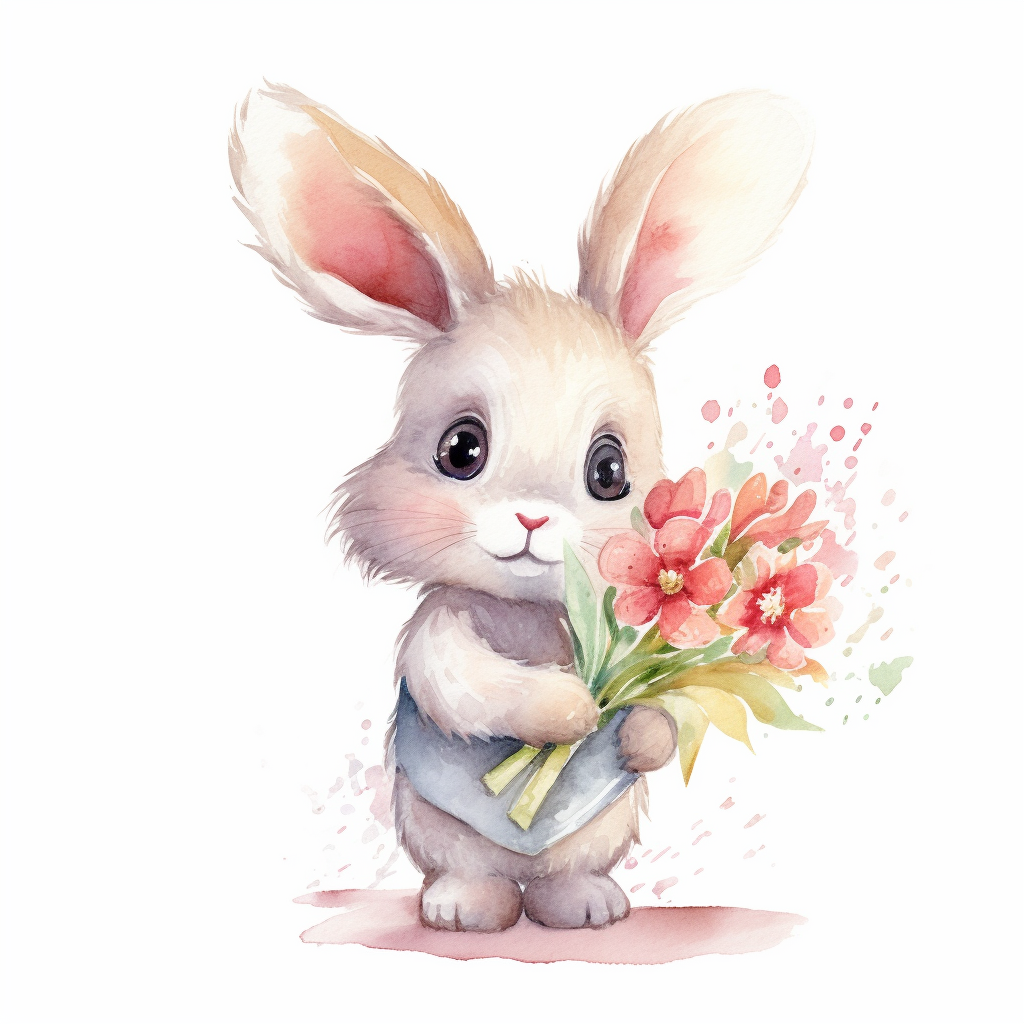 Watercolor bunny holding bouquet of wild flowers clipart, childlike ...