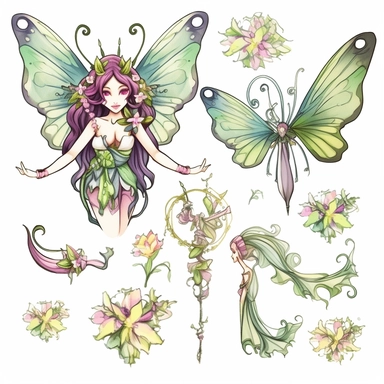 Clipart of spring fairy butterflies and flowers, in the style of watercolour, clean outline, magical, enchanted,