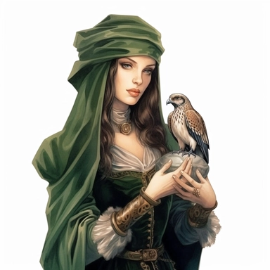 Medieval Lady holding a falcon on her gloved hand, stylish | COLOR THEME: dark green, olive green, army green, black, light pink | watercolor, clipart, hyperrealistic, white background