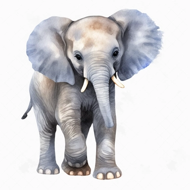 a baby female grey African elephant with a blue bow on head, stood sideways to the camera looking right, watercolour painting blank transparent background png clipart