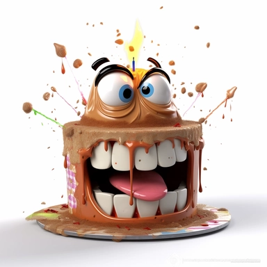 clipart of a messy two layer birthday cake, there is a funny face in the cake, candles, cartoon, for kids, funny, pixar, 8k, white background, sharp focus, detailed,