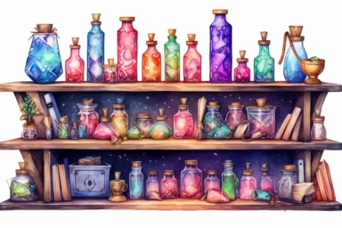 Create a watercolor clipart of a captivating magic elixir shelf with shelves adorned with mystical symbols, featuring an assortment of elixirs in bottles, carefully arranged on a magical floating table, surrounded by spellbooks filled with ancient knowledge, viewed from a slightly tilted perspective, hd, spaced out, on a white background