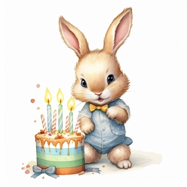 happy baby bunny birthday illustration clipart, detailed, outline, white background, 4k, digital art
