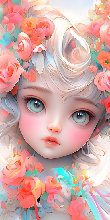pastelcolor beautiful wild roses fantasy art, Angel girl with beautiful realistic face and big eyes, with rainbow feathers, angel wing, chibi kawaii animated style, vivid vibrant colors, intricate detail, hyper detailed, hyper quality, 32K, unreal engine, isolated on white background, kawaii, clipart