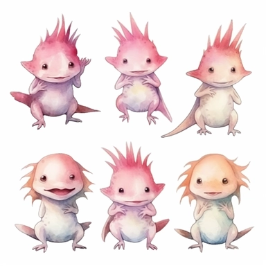Watercolor Axolotl, Various expressions and emotions, clipart, isolated on white background