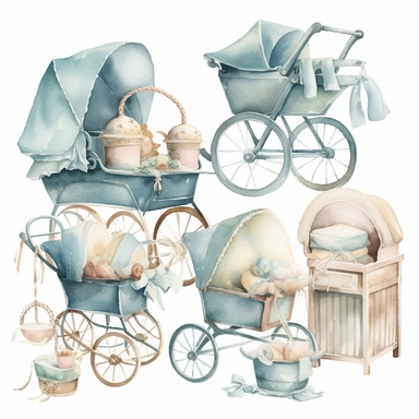 Generate a watercolor clipart series of classic baby items, such as prams, bassinets, and mobiles. The colors should be soft and soothing, with lots of pale blues, pinks, and yellows. The images should be detailed and sophisticated, with clean lines and refined details, white background