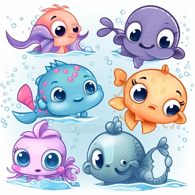 A collection of adorable baby sea creatures, including a friendly baby dolphin, a cute baby sea turtle, and a curious baby octopus, all with big, expressive eyes and whimsical Disney Pixar-style character designs. These watermark clipart designs are perfect for a range of projects, from ocean-themed websites to educational materials and party decorations.