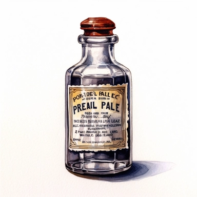watercolor, hyper realistic, white background, white margins, 16k, ultra detailed clipart, cut out image, hand-drawn old-fashioned prescription bottle, complete with a label displaying handwritten typography and a classic twist-off cap.