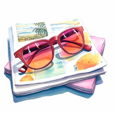watercolor, hyper realistic, white background, white margins, 16k, ultra detailed clipart, cut out image, hand-drawn, whimsical manhwa style, ultra HD, sharp and clean art a pair of sunglasses resting on a book or magazine, representing relaxation and enjoying lazy summer days. Bright and vibrant colors that evoke the energy and warmth of summer, such as a combination of coral, turquoise, and yellow