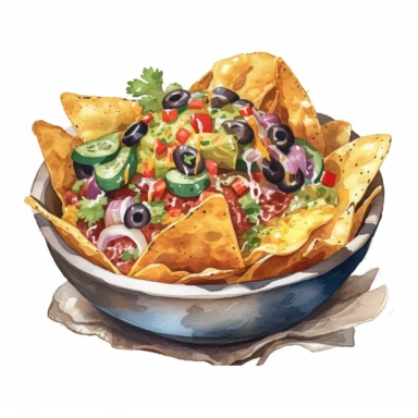 very detailed high qualitiy watercolor Clipart of a bowl of nachos, surrounded by white background, wide shot, watercolor illustration, white background, cinematic, high quality, 32 k,