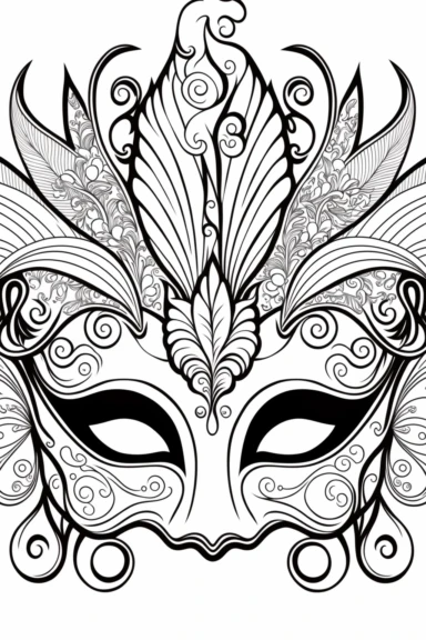an outlined cute Mardi Gras float design featuring a giant cute Mardi Gras mask as the centerpiece, Coloring Book, white background, black and white, [clip art]
