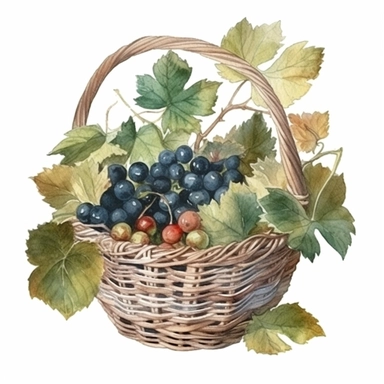 watercolor fairy fruit basket made with vine leafs, with forest clipart, white background