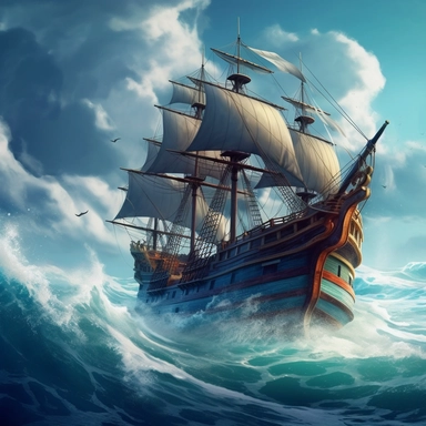 Can you generate a cute semi-realistic 3d image of an ocean background suitable for use as a backdrop for clipart? The image should depict a pirate ship caught in a storm at sea, tropical ocean with crashing waves and a blue sky with dark clouds. The focus should be on the ship and surface of the ocean, rather than below the surface, and there should be no other distracting elements in the image.