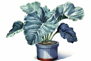 Watercolor, Alocasia Baginda 'Silver Dragon', Alocasia Baginda 'Silver Dragon' Plant, Cone-shaped pot, clipart, hd, on a white background, spaced out