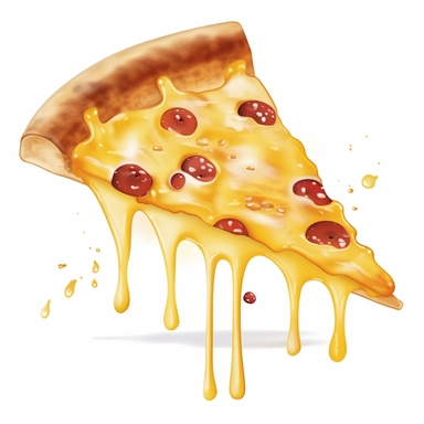 a nice slice of pizza with cheese dripping down against a white background, single design clipart, highly detailed, cartoon-style, 32k