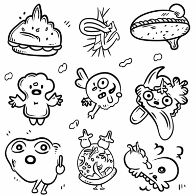 a set of black line clipart inspired by fast food and vampires and muppets and Funko Pop toys