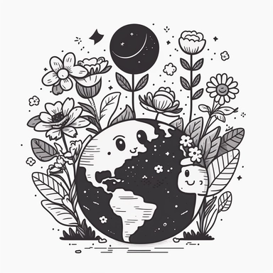 planet earth vector retro line-art doodle earth day flowers vector illustration 2d flat, cute, clipart, flat, 2d vector, minimalist, black and white, cartoon, svg cut file, line art drawing
