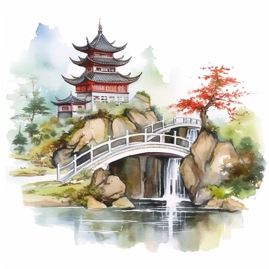 A tranquil watercolor clip art illustration featuring a traditional Chinese landscape painting with a pagoda, a bridge, and a cascading waterfall. - watercolor clip art, white background