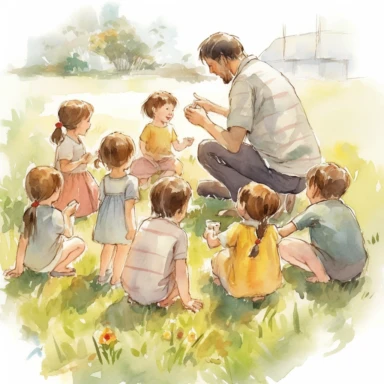 old father with brown hair playing with 7 kids. There is a 7 year old boy, two 4 year old boys, one 3 year old boy, one 4 year old girl with a dress, one 2 year old baby girl with a dress, and one 1 year old baby boy, watercolor style. background outdoor, sunset, clipart