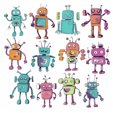 clipart collection of scribbles and illustrations of a group of generative AI bots featuring an author bot, a coding bot, an illustration bot, photographer bot and an assistant bot, all non-binary characters, professional web design, friendly, cool, modern web illustration, two-tone, cute, playful, helping