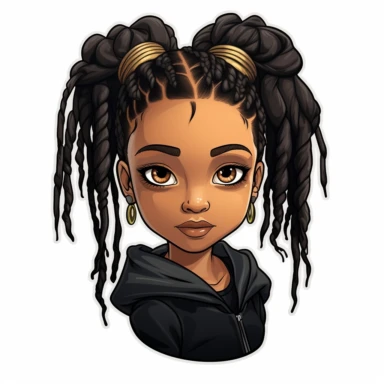 ultra detailed nice clean dreadlock Bun Black Little Girl clipart for a sticker with Whitebackground, in the style of bold outline, jagged edges, trashcore, luminous shadowing, Messy Bun hairstyle, super cute