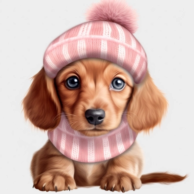 cute Dachshund Puppy disney character with cute eyes sitting and wearing a light pink beany hat png clipart