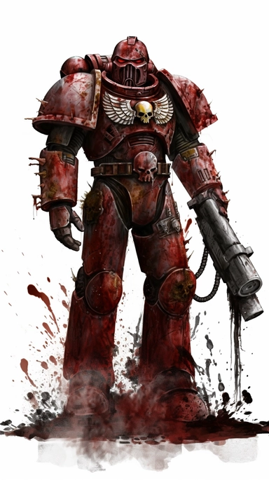 A clipart of a warhammer 40k space marine covered in dark red paint splashes, with the emphasis on the intricate details of each texture and the delicate, wispy texture of the armour. Emphasize the sheer level of detail in the image. White background.
