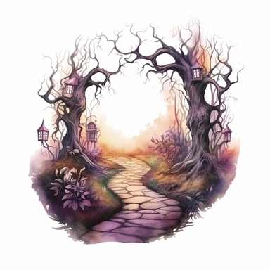 isolated illustration of a fantasy haunted path, eerie vibe, whimsical colors, watercolor illustration, high resolution clipart, isolated on white background