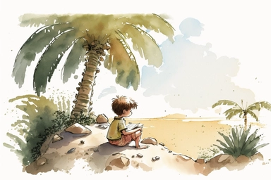 A [kid in a desert island] children book illustration, watercolor clipart