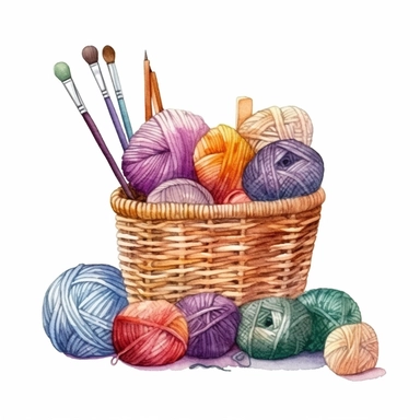 Watercolor Knitting and Crochet Tools in Wicker Basket. Wooden Knitting needle, Balls of Wool, Skein, Crochet Hook. Hand drawn clip art set, elements isolated for Knitter, Needlework store, Yarn shop