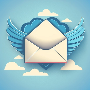 letters to heaven , clipart, cartoon, line art, envelope, wings, heart, clouds, white, revere, respectful, calm, simple blue background