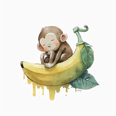 a cute cartoon monkey is sleeping isolately on a banana clipart with watercolor illustration, white bg