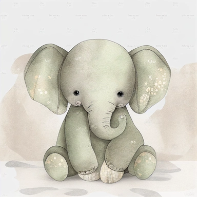 cute animal wall clipart, baby elephant in the style of atmospheric watercolor organic designs, soft and dreamy, dark silver and light green, beige storybook illustration, plush doll art on subtle background