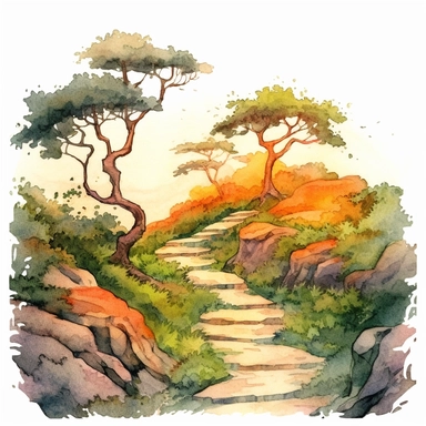 watercolour clipart of a uneven and hilly pathway leading into heavy tree covered area at sunset, serene, peaceful