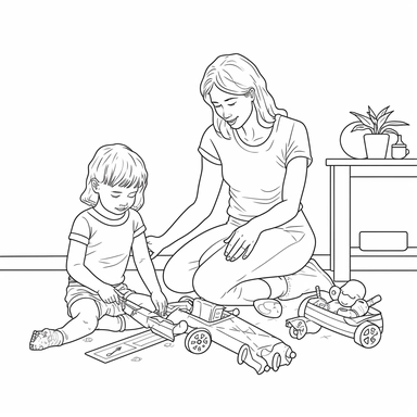 coloring page for kids of a mother and a child playing with toys, full body view, white neutral background, clean line art, low details , 1,5px thick black lines, simple clipart. simple