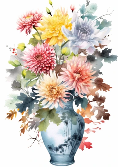Bouquet of beautiful flowers in a Japanese vase - Japanese Serenity: Cherry Blossoms (Japan), Lotus (India), Chrysanthemums (China) - artistic watercolor clipart
