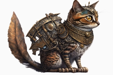 clipart, A beautiful cat with a steampunk-style mechanical bird on its shoulder, hd, on white background,
